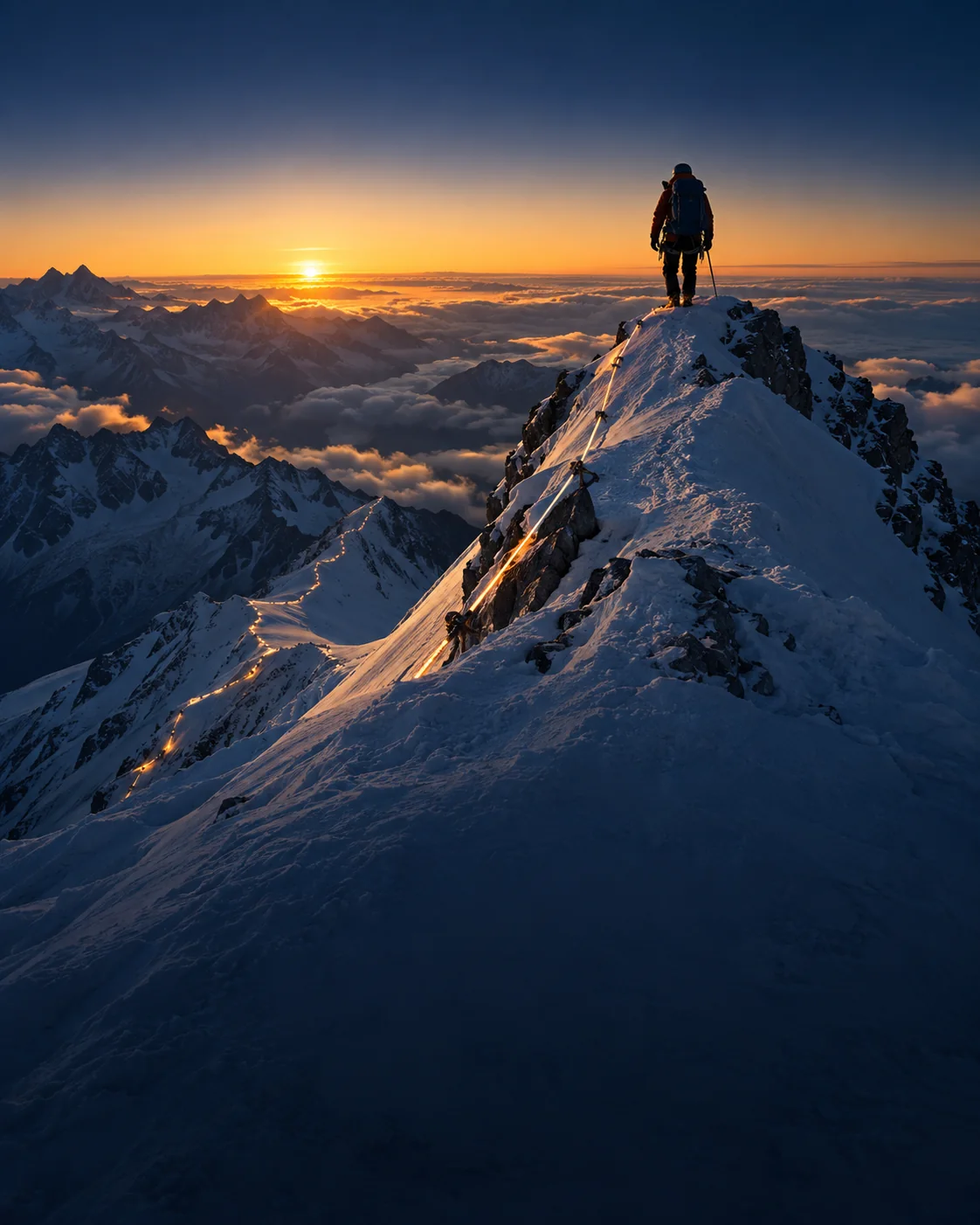 A climber standing on a summit ridge above the clouds at sunrise